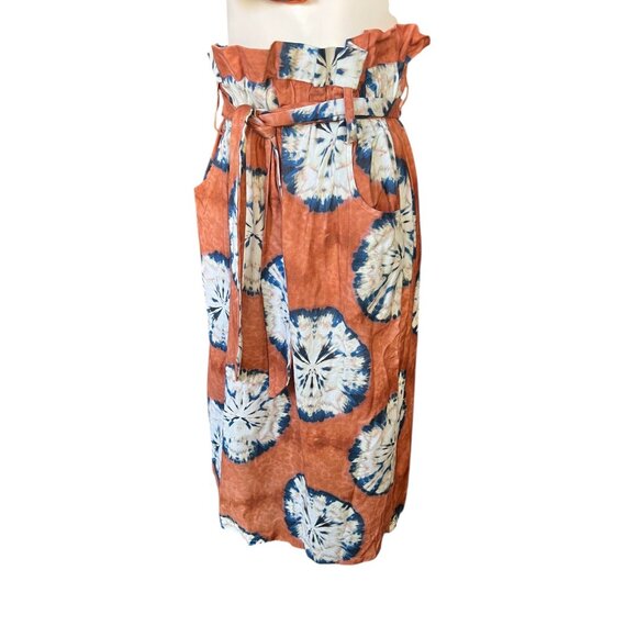 Anthropologie Porridge Skirt Size M Tie Pockets Rust Blue Off White Belt Cotton - Picture 5 of 12